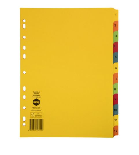 Marbig Dividers Manilla A4 1-12 Tab Bright Colour_1000030_02772