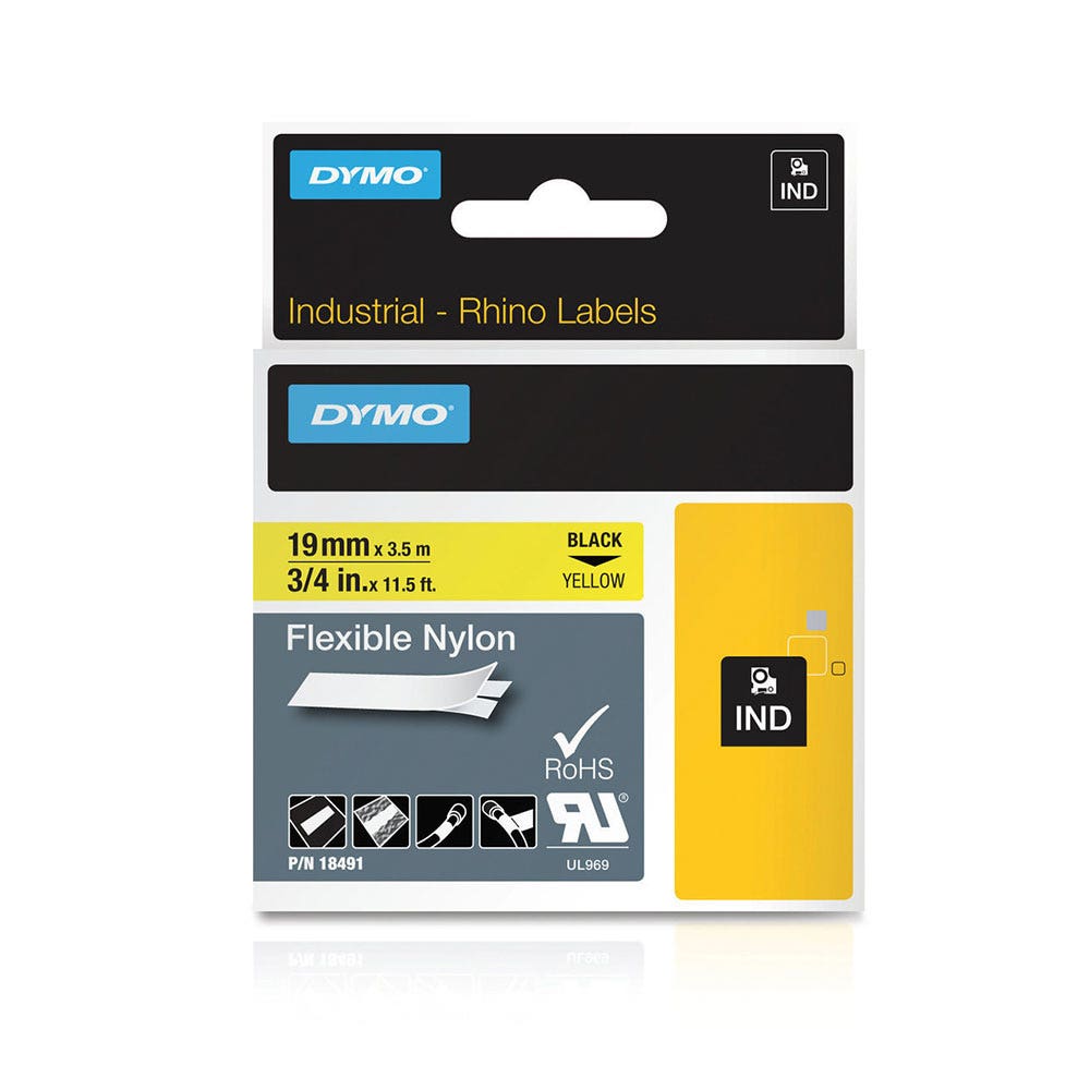 Tape Label Nylon Flexible Black On White 19mm X 3.5m Dymo 430052 12489