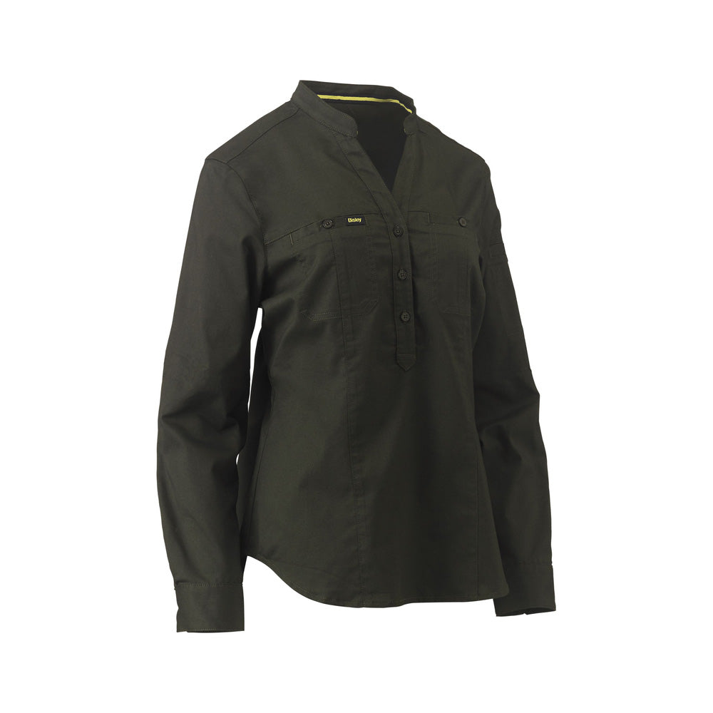 Shirt Womens Stretch V-Neck Closed Front Bisley 18 Olive BLC6063_BOLV18_40021029_BLC6063_BOLV18