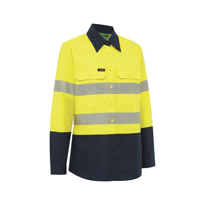Shirt Womens L/S Cotton RipStop 145gsm 3M Tape Hi Vis Yellow/Navy 12 2022_30005698_2022BYN12
