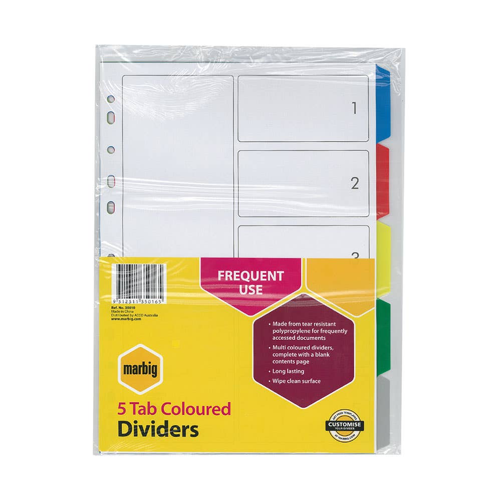 A4 Polypropylene File Dividers 5 Tab Multi-Colour 39446000 35010