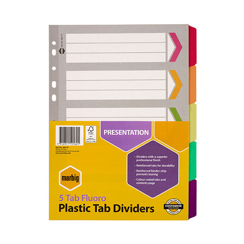 Marbig Dividers Manilla A4 5 Tab Reinforced Fluoro Colour_120300100_02767