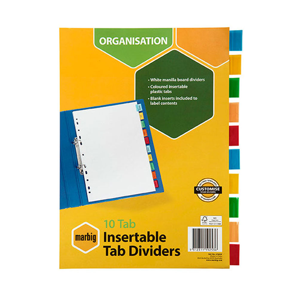 Marbig Dividers Manilla A4 10 Tab Insertable Multi Colour_1017895_02738