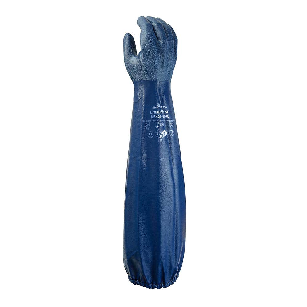 Gloves Chemical Nitrile Cotton Lined 640mm Elastic Cuff Showa 10 Blue 40023115 NSK26-10