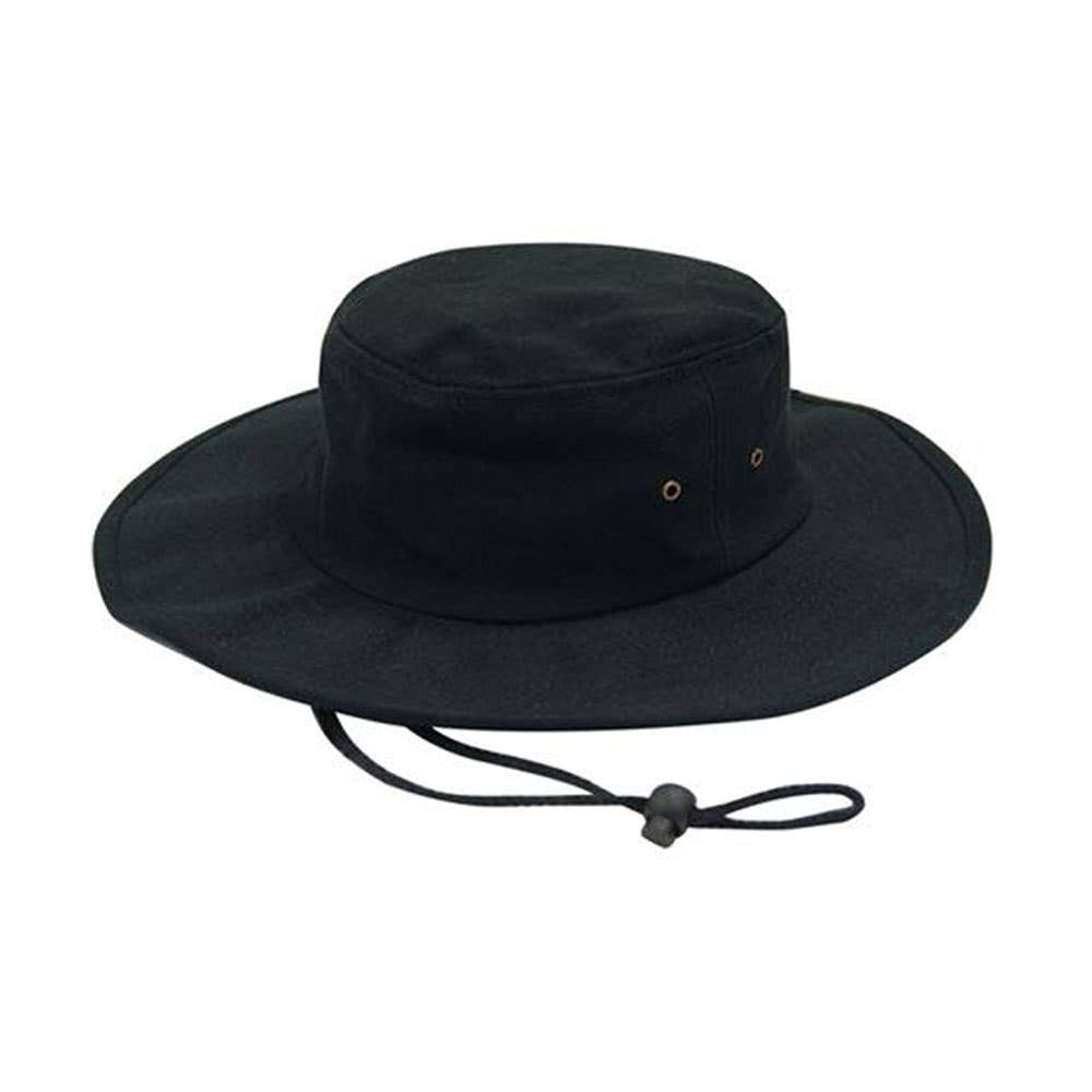 Brushed Heavy Cotton Wide Brim Hat Black 55cm W/ Neck Strap + Toggle 502897 4247-BLACK-55
