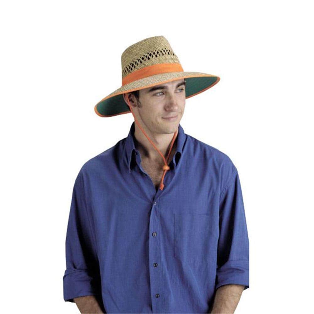 EHC100 Wide Brim Straw Sun Hat With Orange Band & Green Underside_EHC100