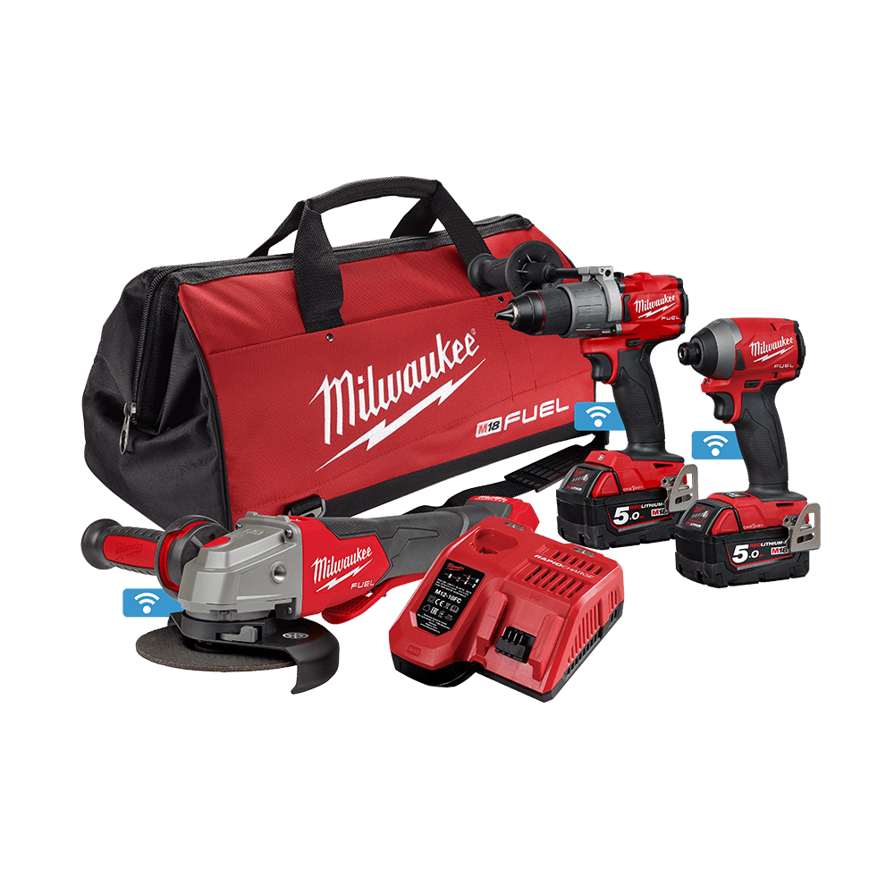 Kit Milwaukee 3pc Grinder 5'' 13mm Hammer Drill 1/4 Hex Driver 2 X18v+charg 542642 M18ONEPP3A2502B