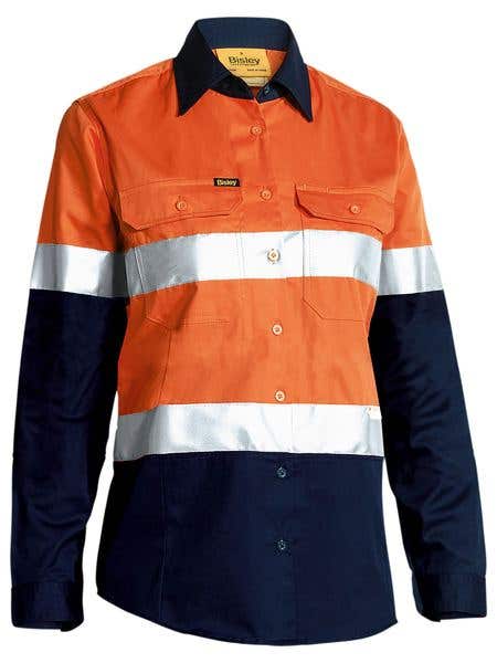 Shirt Womens L/S Cotton Drill 155gsm 3M Tape Hi Vis Or/Na Bisley 6 40046812 BL6696T TT026