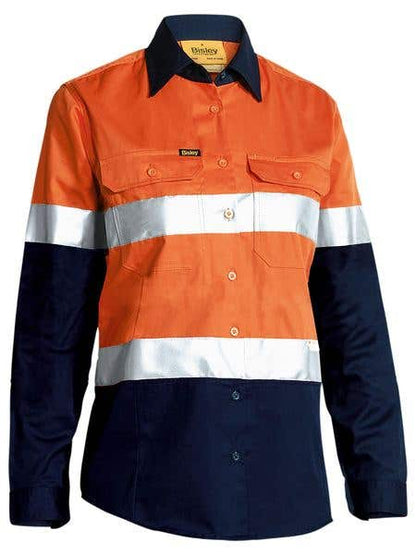 Shirt Womens L/S Cotton Drill 155gsm 3M Tape Hi Vis Or/Na Bisley 6 40046812 BL6696T TT026