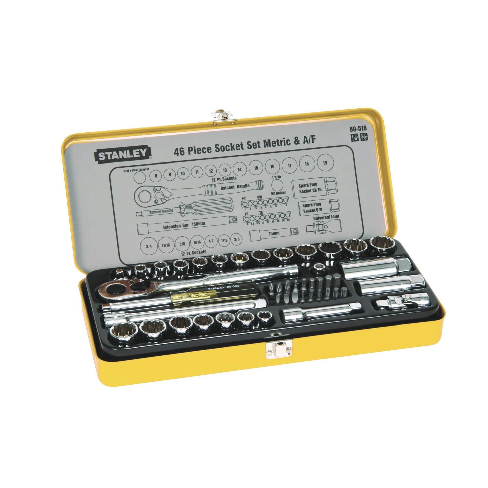 Socket Set 1/4'' + 3/8'' Dr AF/Metric 46 Piece Stanley 91998031 89-516