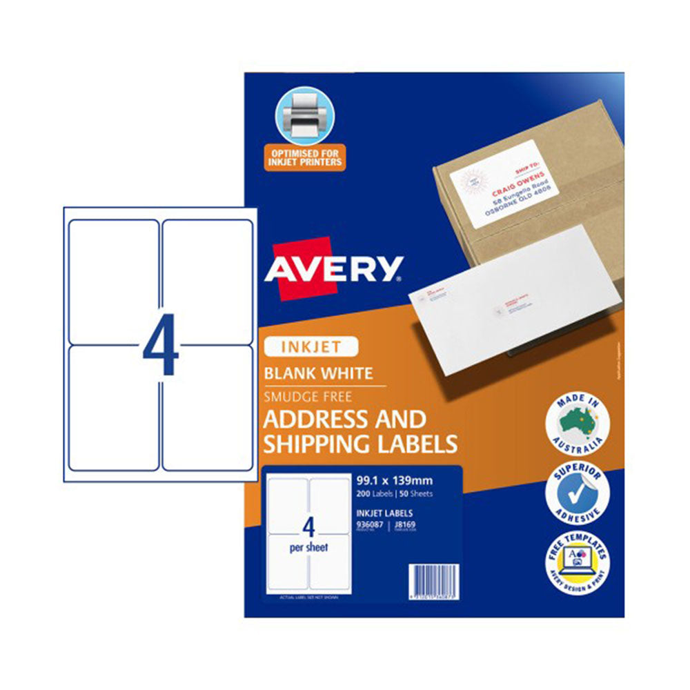 Avery Shipping Labels AveryEco Inkjet/Laser White 99.1x139mm 4up 50 Sheet_22474400_AV936087