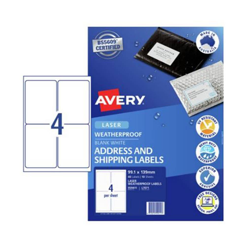 Avery Polyester Weatherproof Shipping Labels 99.1 X 139 Mm 4up Laser White 1055170 AV959411