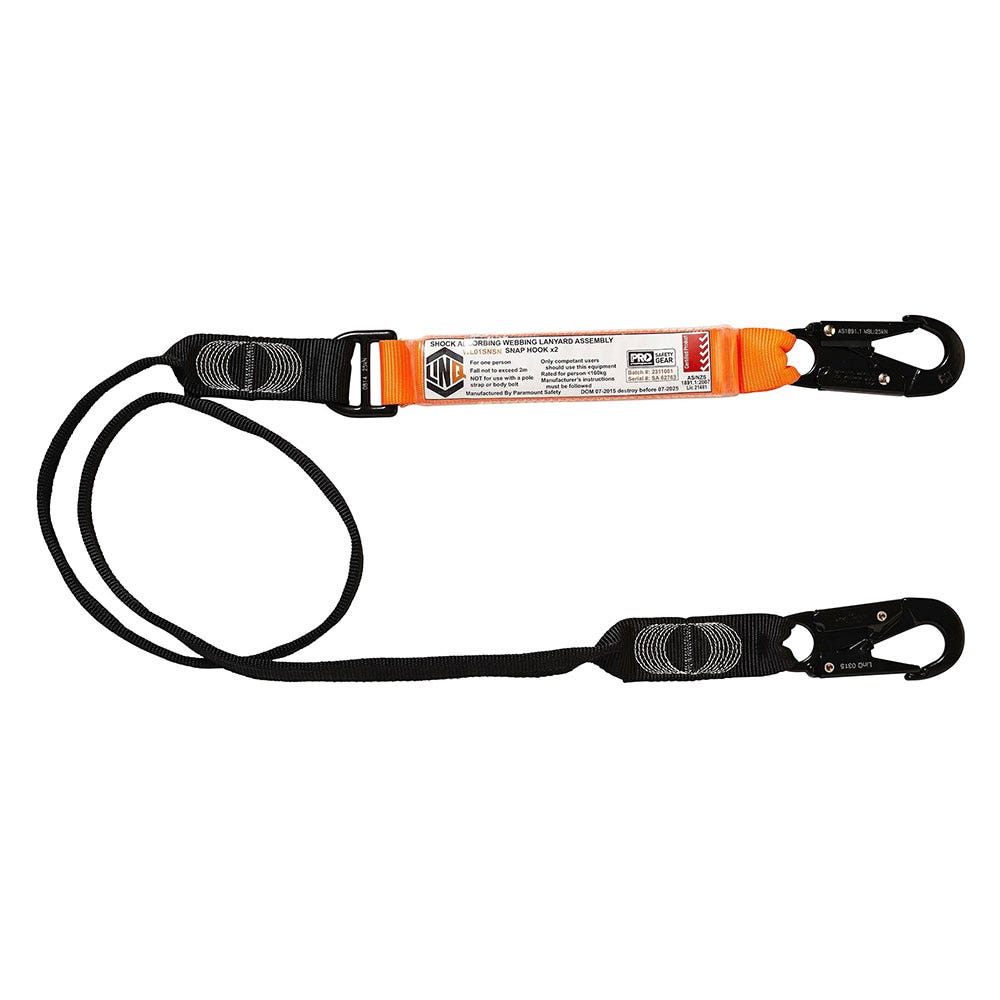 Elite Shock Absorbing Webbing Lanyard Single Leg With 2 x Snap Hooks 302152 WLO1SNSN