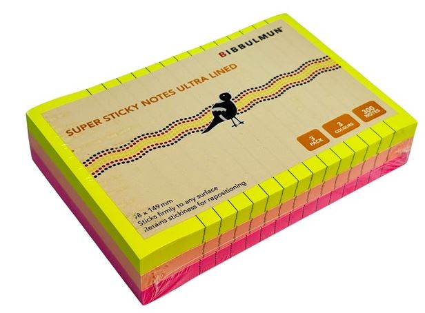 Bibbulmun Super Sticky Notes Ultra Lined 98mm X 149mm Pack 3 Assorted_40057036_NPL-40057036