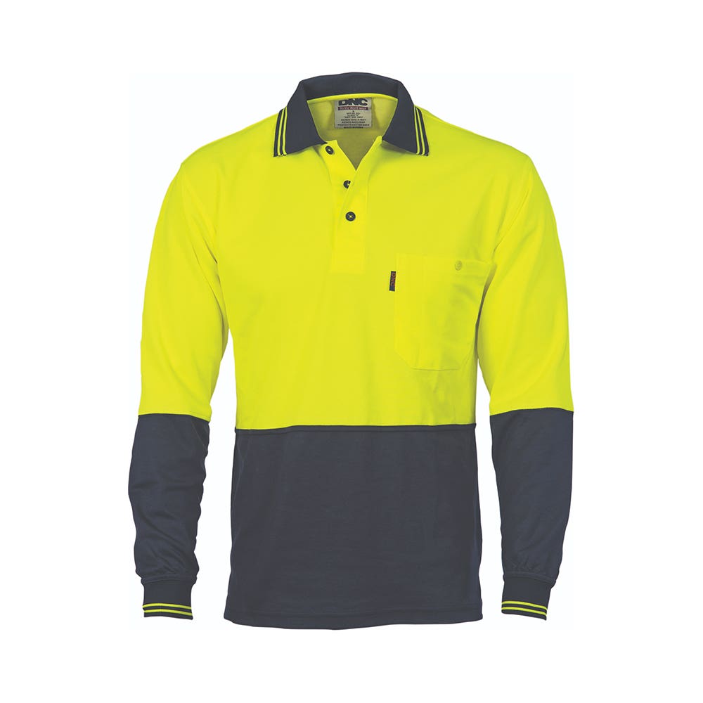 Cotton Back Hi Vis Yellow/Navy Long Sleeve Fluro Polo 3816