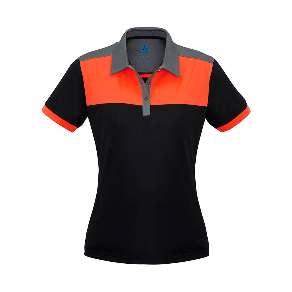 Shirt Polo Womens S/S Poly Biz Cool Charger Black/Fluoro Orange/Grey 10 Biz 496125 P500LS-BLK/ORA/GRY-10