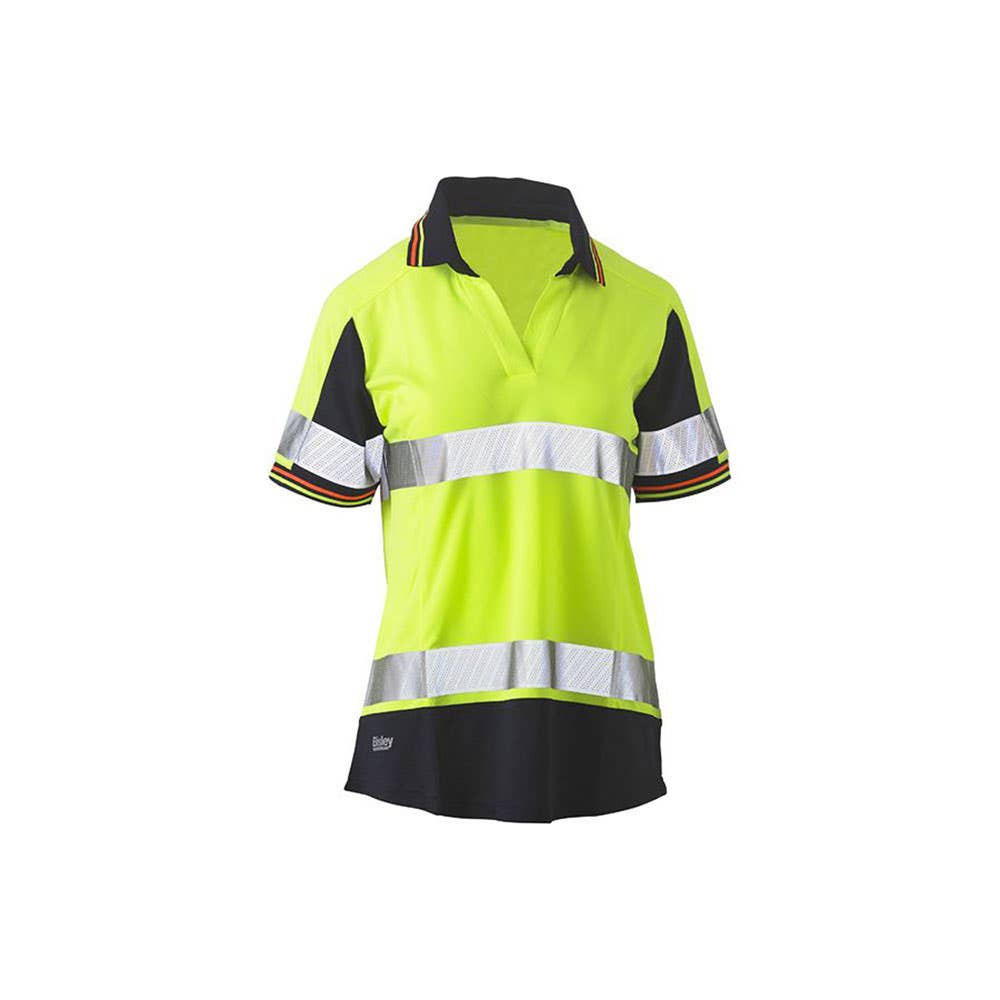 Shirt Womens S/S Taped Hi-Vis V-Neck Polo Two Tone Bisley 10 Yellow/Navy_40021063_BKL1225T_TT0410