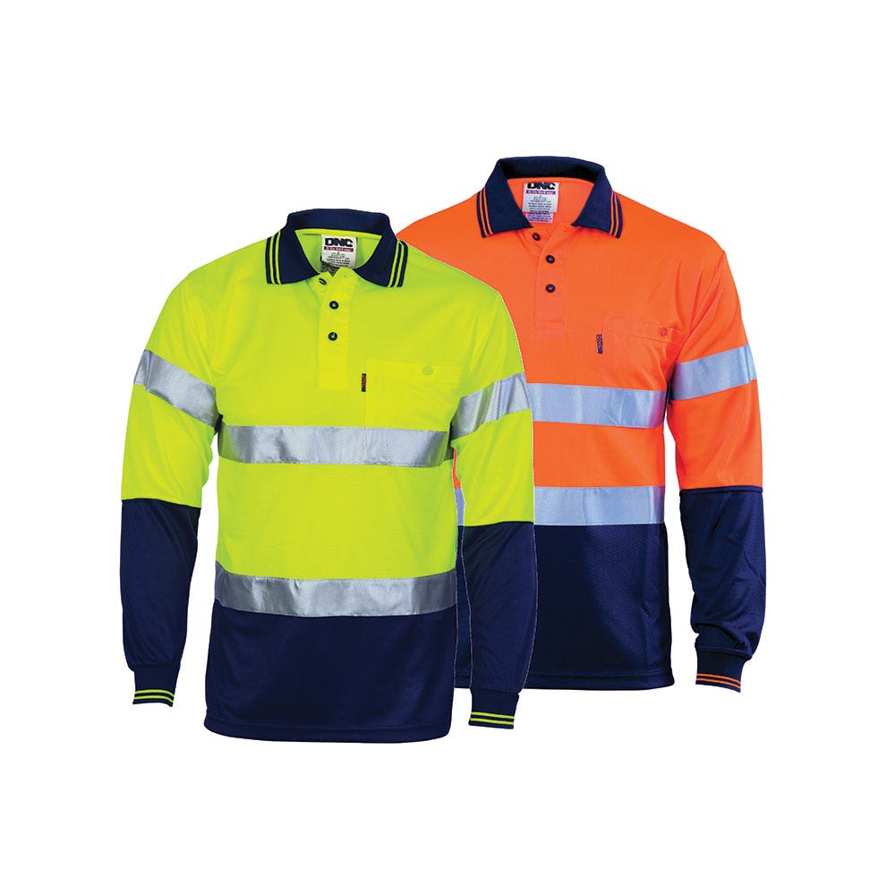 3716 Hi-Vis Long Sleeve Closed Front Polo Shirt Two-Tone Taped 175gsm DNC3716