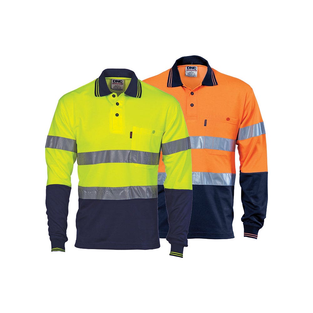3718 Hi-Vis Long Sleeve C/F Polo Shirt Cotton Backed Two-Tone Taped 185gsm AMEAUDNC3718