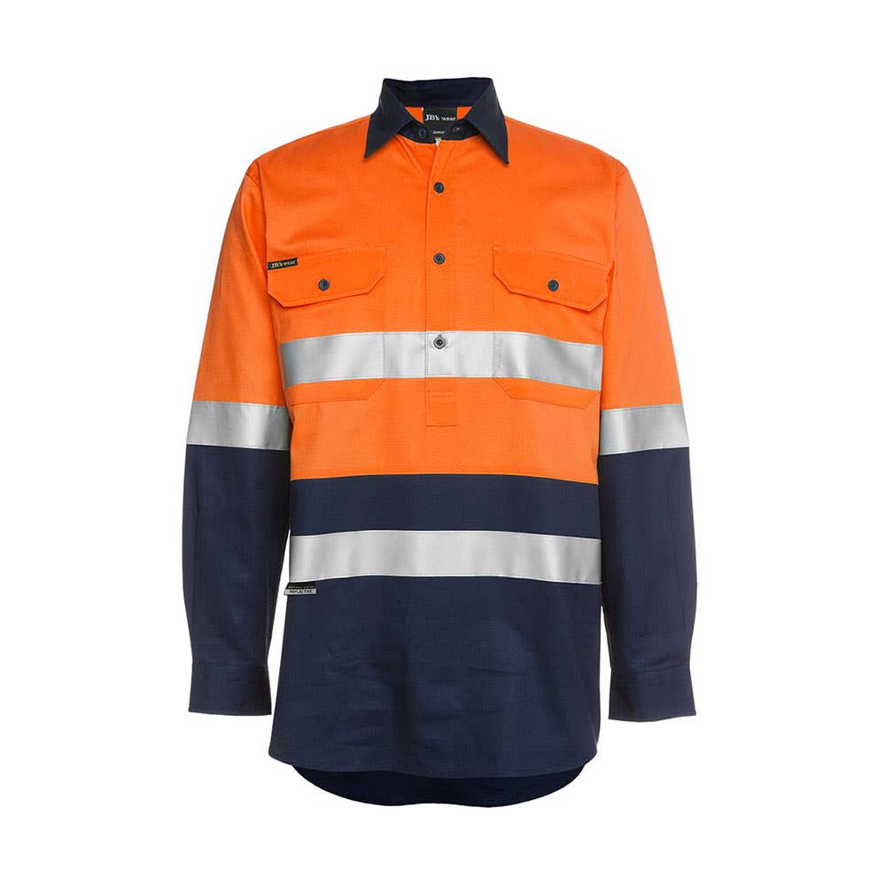 Shirt L/S Cotton Drill 190gsm Hi Vis Orange/Navy 4XL Closed Front Jb's 508584 6HWCF-O/N-4XL