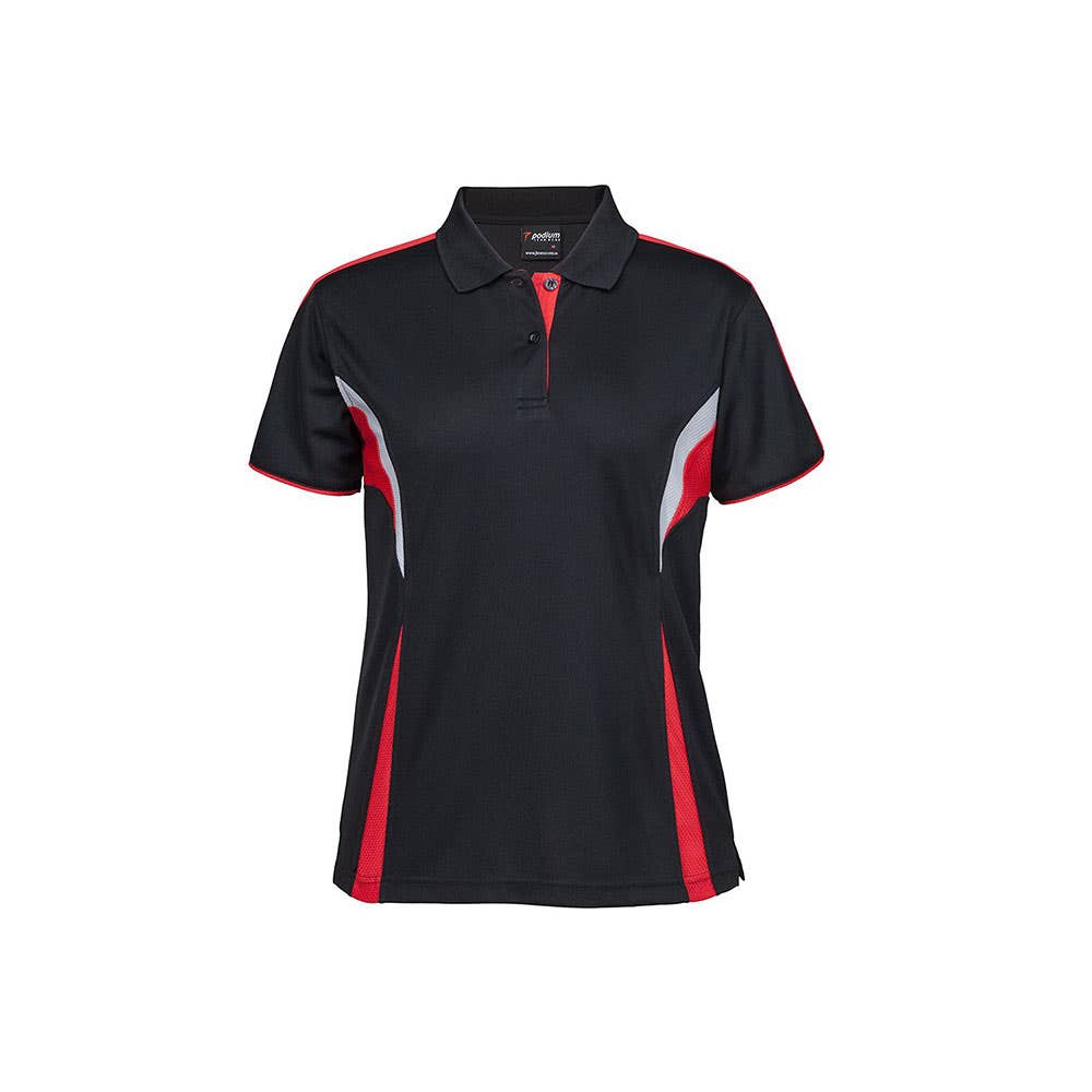 Ladies Cool Polo (COP1) 100% Polyester Jb's Wear Black/Red/Grey Size 16 441404 7COP1-BLK/RED/GRY-16