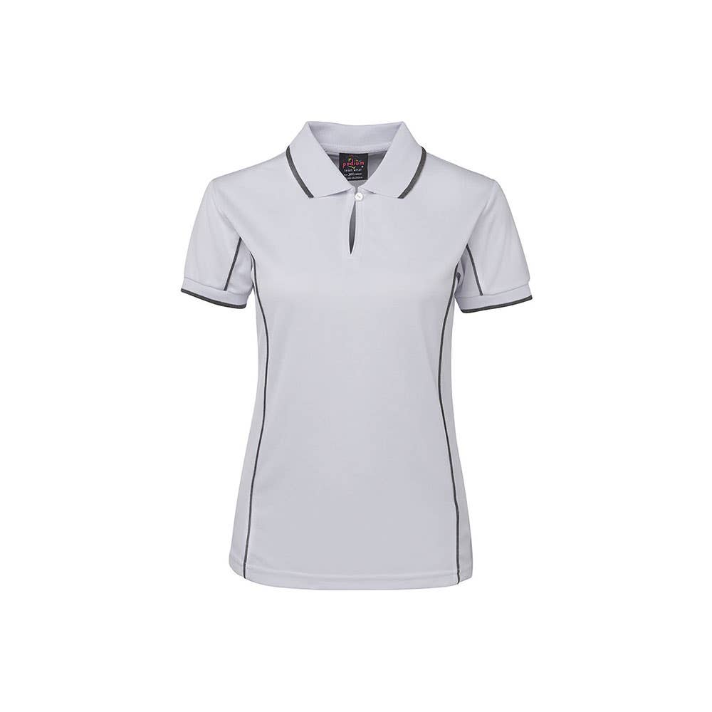 Shirt Ladies Polo Podium Short Sleeve White + Grey  Piping 20_432143_7LPI-WHT/GRY-20