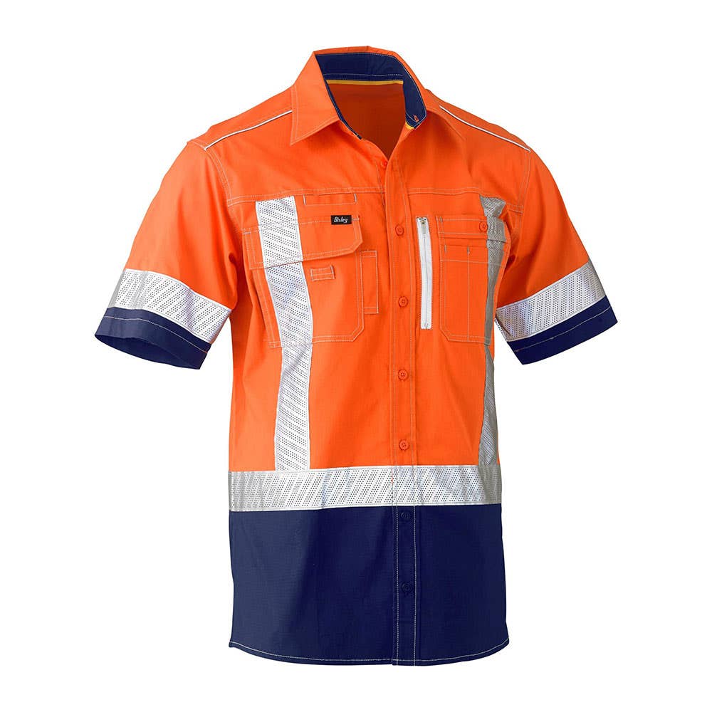 Shirt S/S Cotton Stretch Flex + Move Hi-Vis Taped Orange/Navy 2XL Bisley 40013463 BS1177XT TT022XL