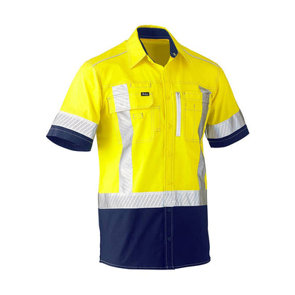 Shirt S/S Cotton Stretch Flex + Move Hi-Vis Taped Yellow/Navy 2XL Bisley 40013453 BS1177XT TT012XL