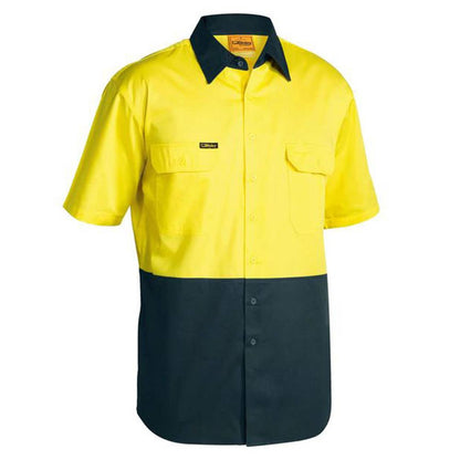 Shirt S/S 2XL Hi Vis Yellow/Bottle Cotton Drill 155gsm Vent Bisley_36002156_BS1895_TT032XL