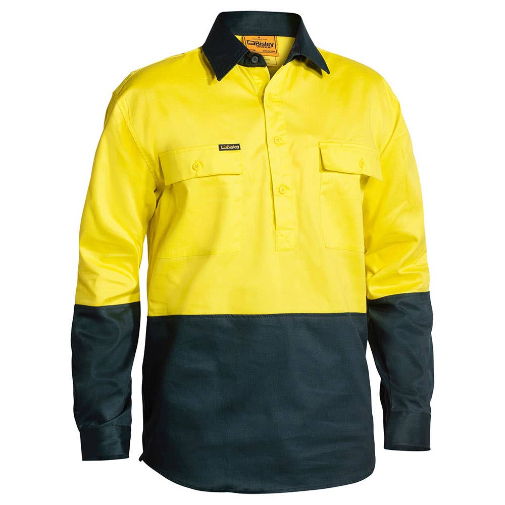 Shirt L/S 2XL Hi Vis Yellow/Bottle Cotton Drill 190gsm C/Front Bisley_31201090_BSC6267_TT032XL