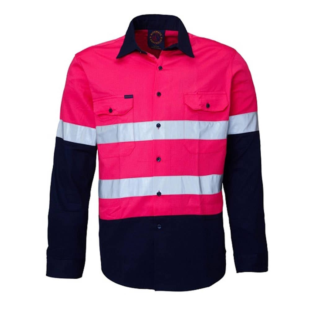 Shirt Kids L/S Cotton Twill 150gsm Tape Hi Vis Pink/Navy 0 Ritemate_238067_RM4050R-PNK/NAV-0