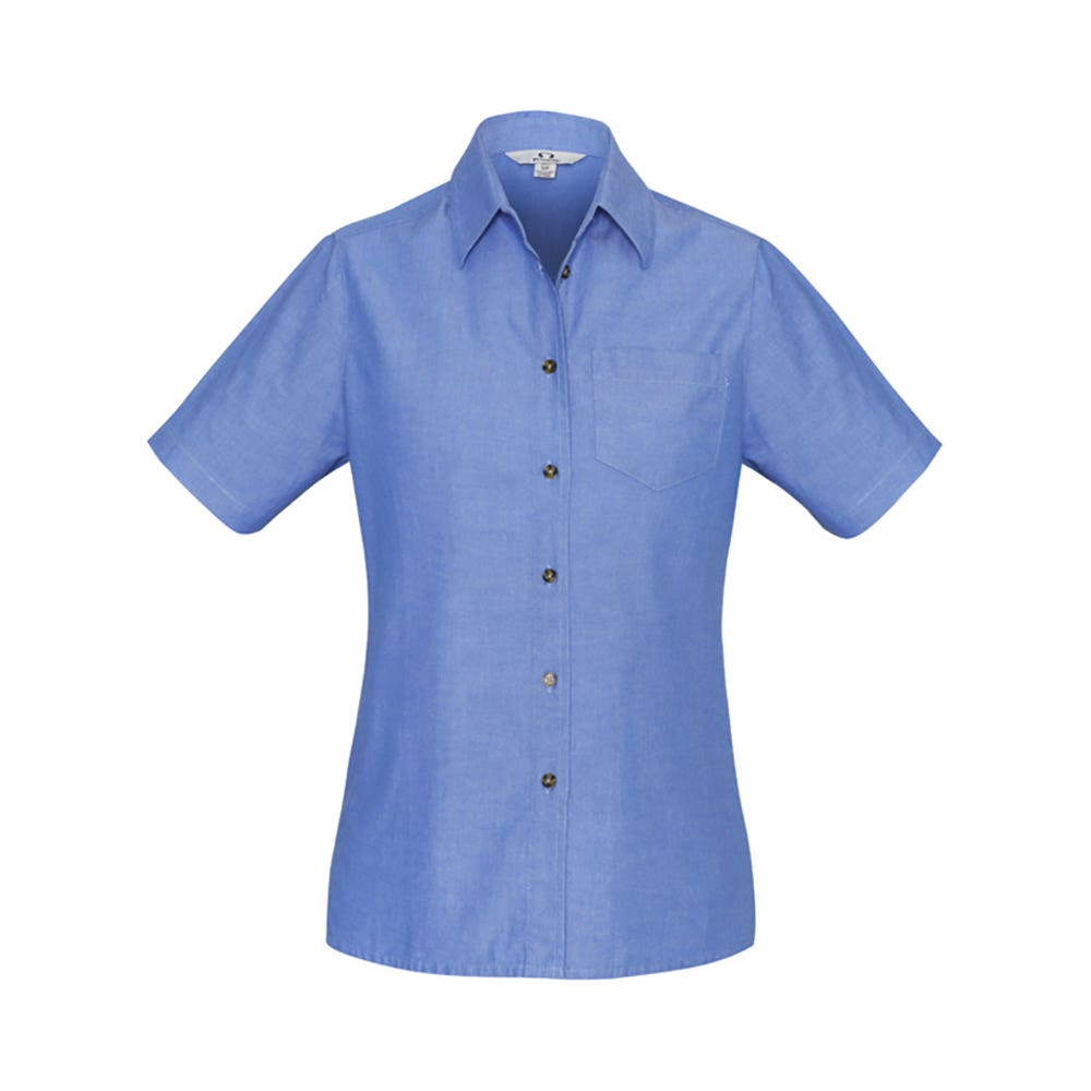 Shirt Womens S/S Cotton Chambray 10 Biz BAE Logo 50105214 BAE LB6200-CHA-10
