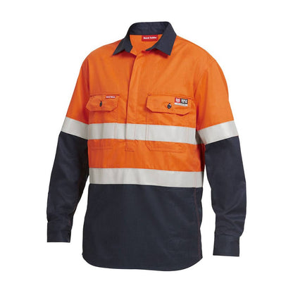Shirt L/S Closed Front Hi Vis Orange/Navy FR Tape ShieldTec 2XL Yakka 40009470 Y04550-O/N-2XL