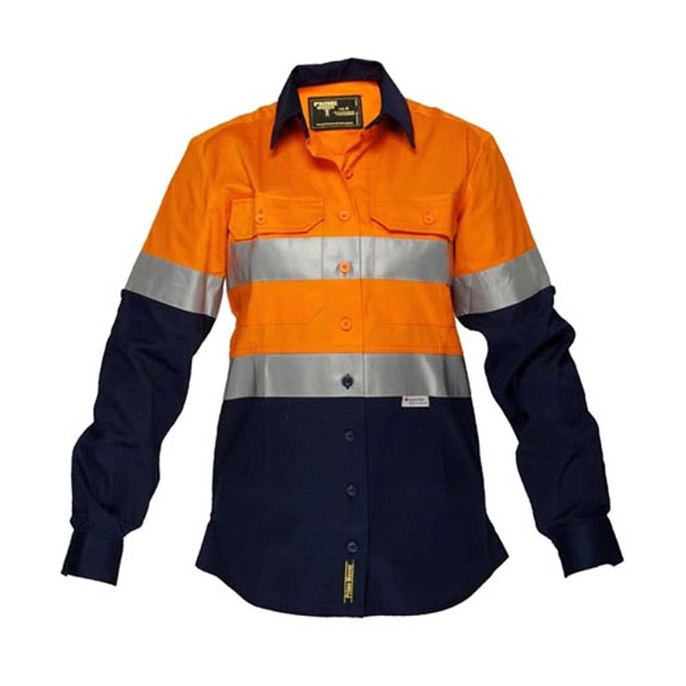 Shirt Womens L/S Cotton Drill 185gsm Tape Hi Vis Orange/Navy 10 Prime Mover 60039141 ML108-O/N-10