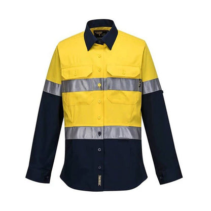 Shirt Womens L/S Cotton Drill 185gsm Tape Hi Vis Yellow/Navy 10 Prime Mover 60039131 ML108-Y/N-10