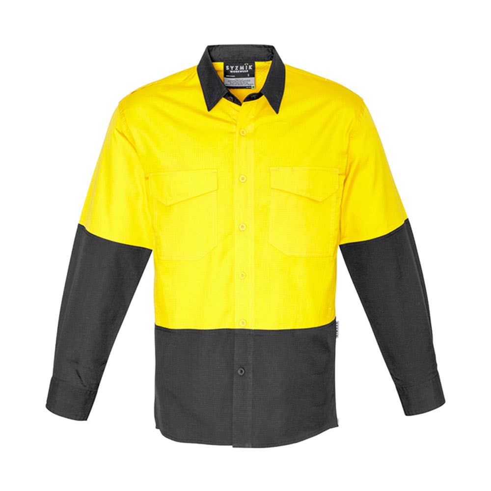 Mens Cooling Hi-vis Spliced Shirt L/S Yellow/Charcoal - ZW128 Size Large 473444 ZW128-Y/C-L