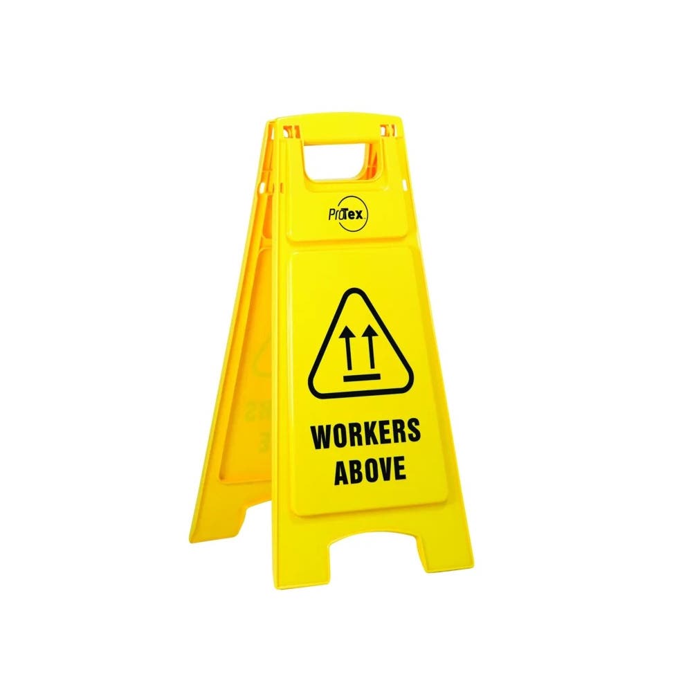 Sign WORKERS ABOVE Stand 620mm Yellow_413553_STD34