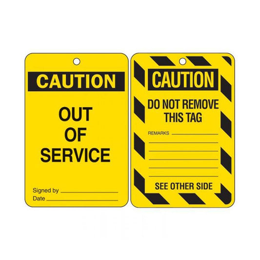 Tag CAUTION OUT OF SERVICE Poly Yellow/Black 150 x 100mm Pk 10 79901594 842390