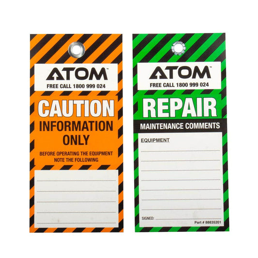 CAUTION INFORMATION ONLY/REPAIR Safety Tag Orange/Green/Black 75 x 130mm 100 Pk 88835201 88835201