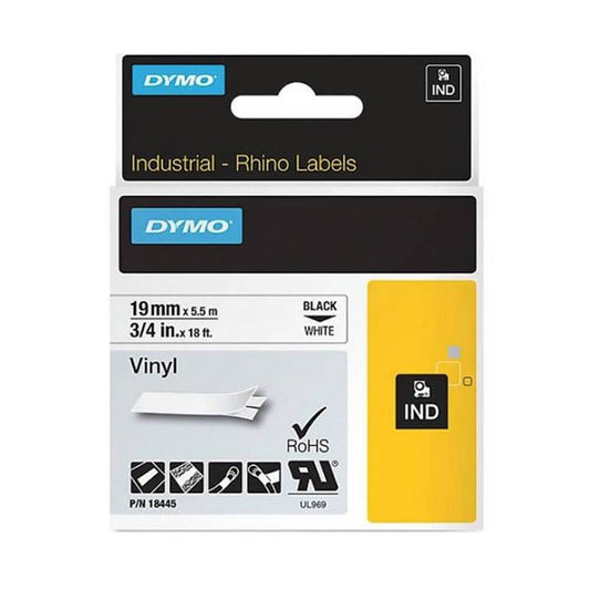 Dymo Rhino Tape White Vinyl Black Text 19mm X 5.5mm 18445 1054928 18445