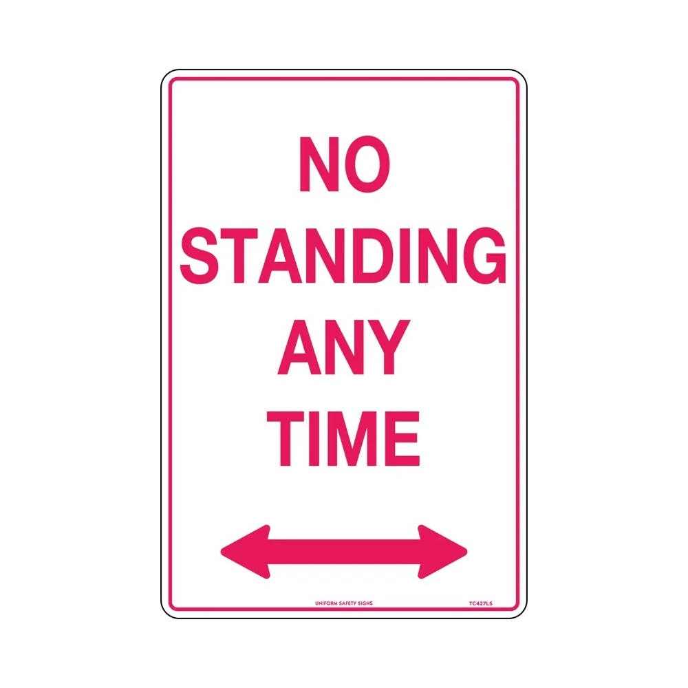 Sign NO STANDING ANY TIME Arrow Right 300x450mm Red On White Metal_473242_TC427RLSM