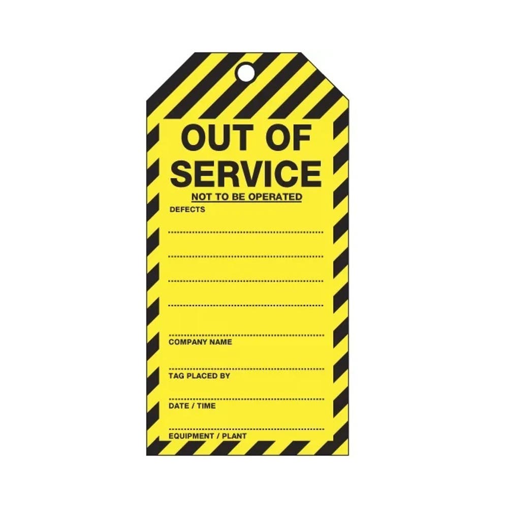 Tag OUT OF SERVICE NOT TO BE OPERATED 80mm X 160mm Pk 25_505621_TOS51TP