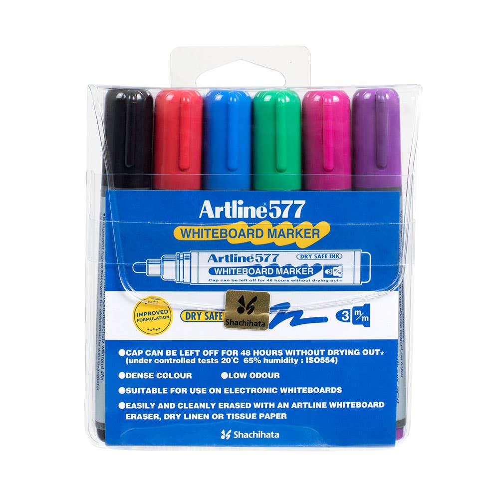 Artline 577 Whiteboard Markers Bullet 3mm Assorted Colours 6 Pack 16122000 157746
