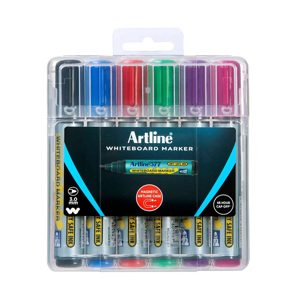 Artline 577 Whiteboard Markers Magnetic Hardcase Assorted Colours 6 Pack 1053335 157746HC