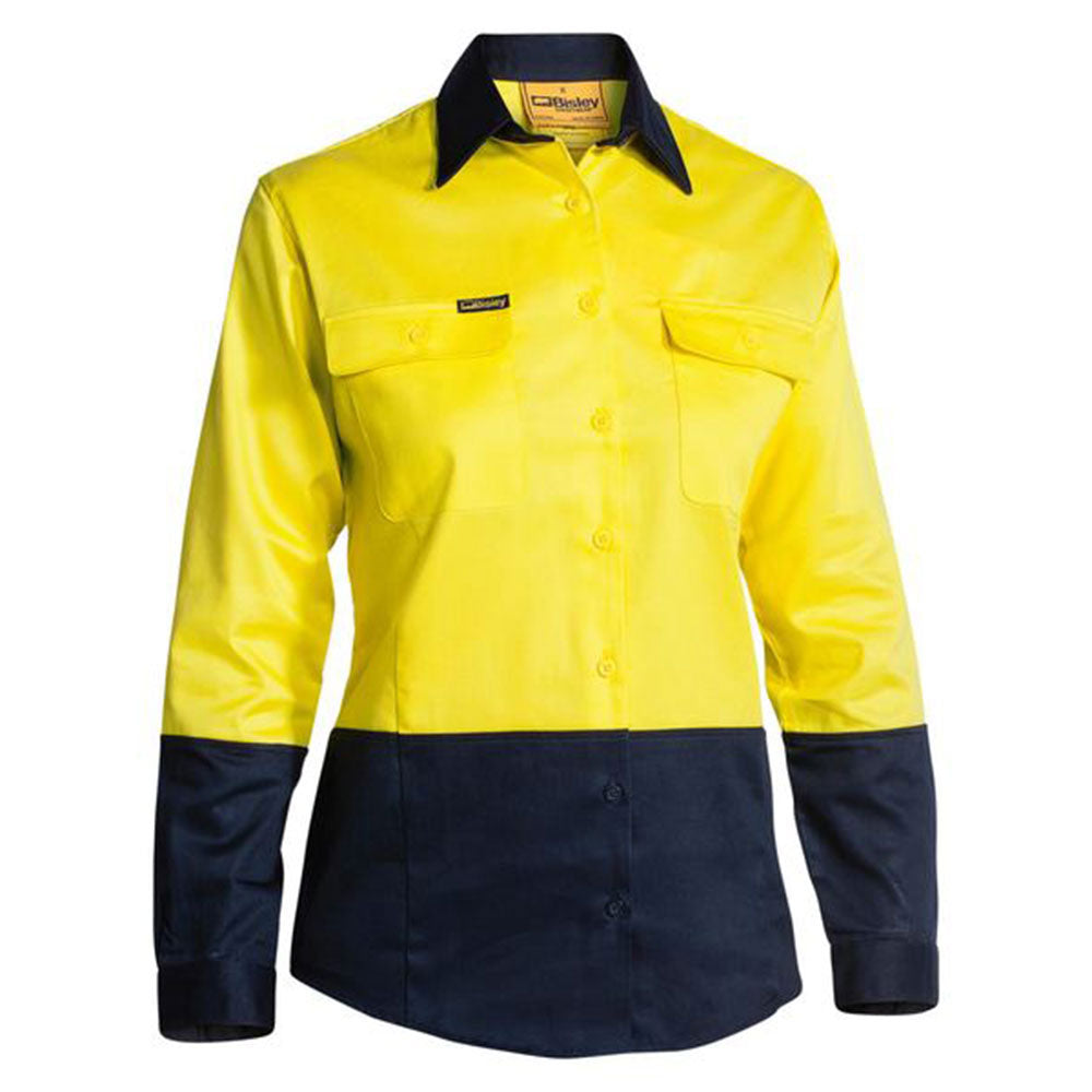 Shirt Womens L/S Cotton Drill 190gsm Hi Vis Yellow/Navy 24 Bisley_60012651_BL6267_TT0124